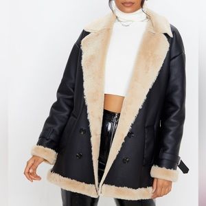 Pretty Little Thing Black PU Faux Fur Trim Vintage Style Coat- Size 4